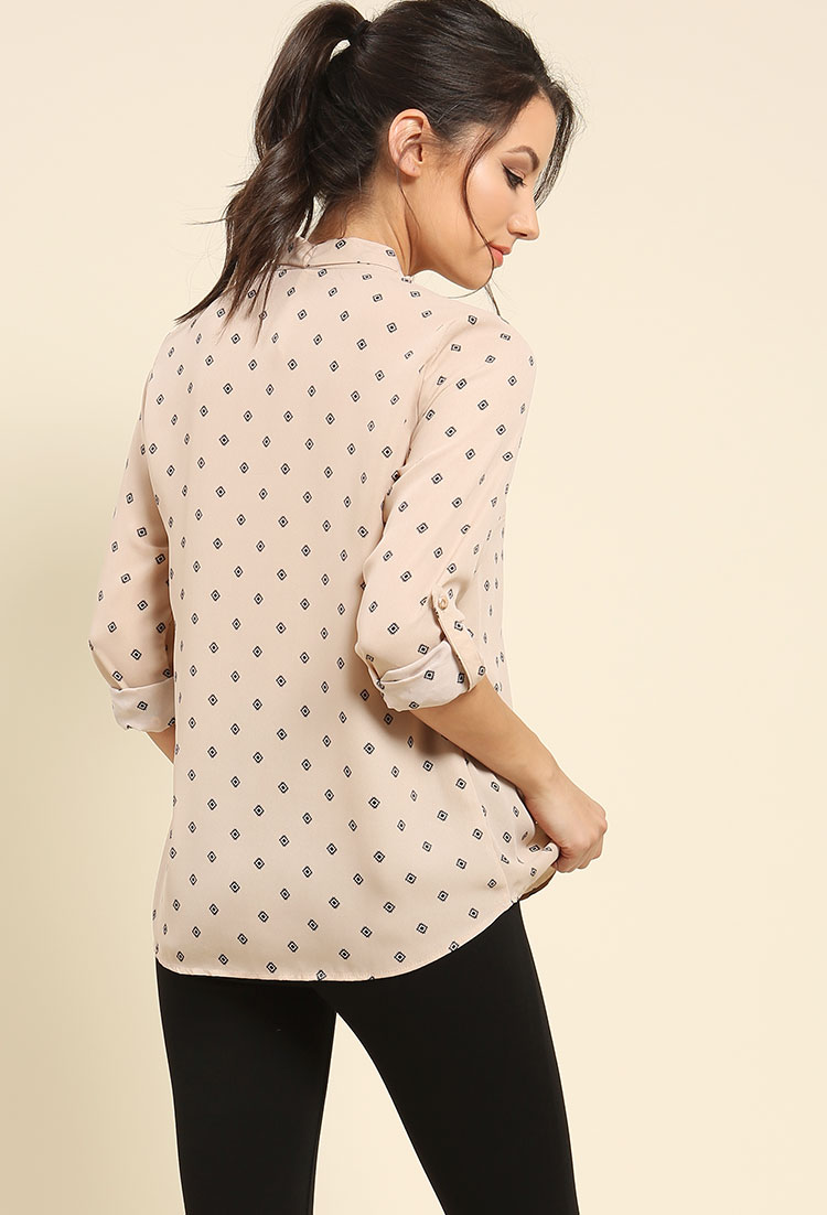 Abstract Diamond Print Tie-Front Blouse
