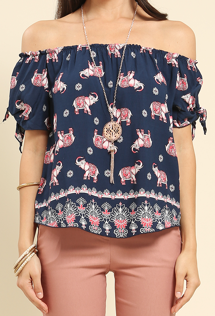 Ornate Printed Off-The-Shoulder Top W/ Necklace