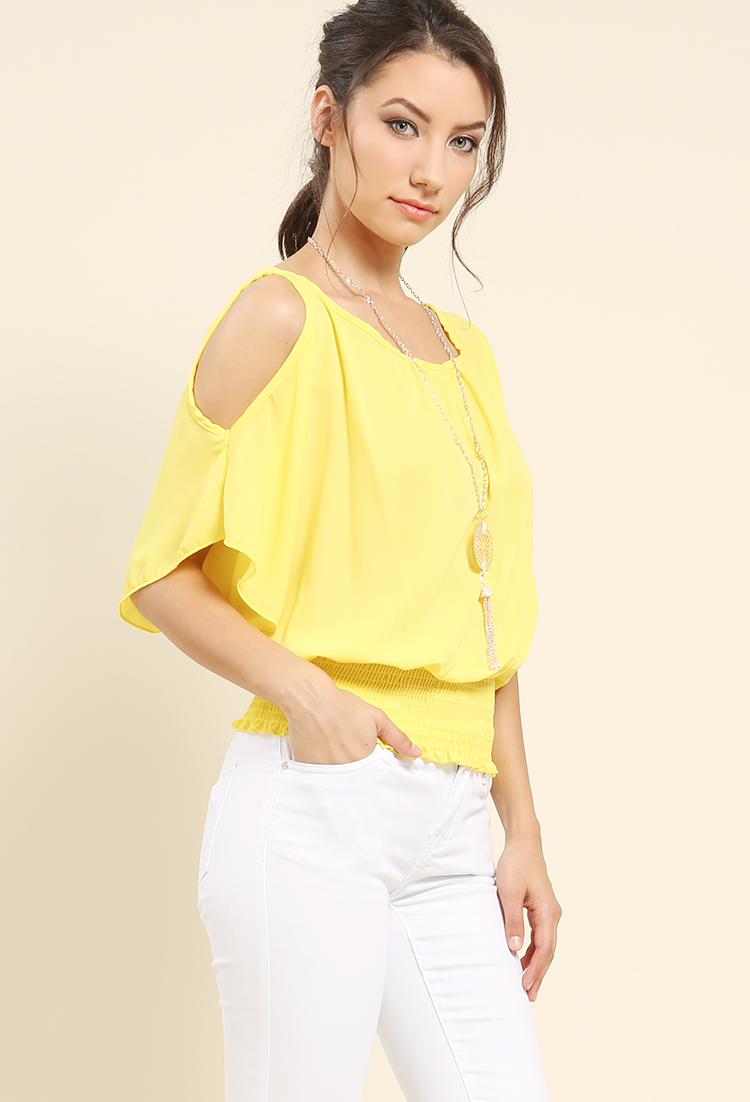 Smocked Chiffon Open-Shoulder Top W/ Necklace