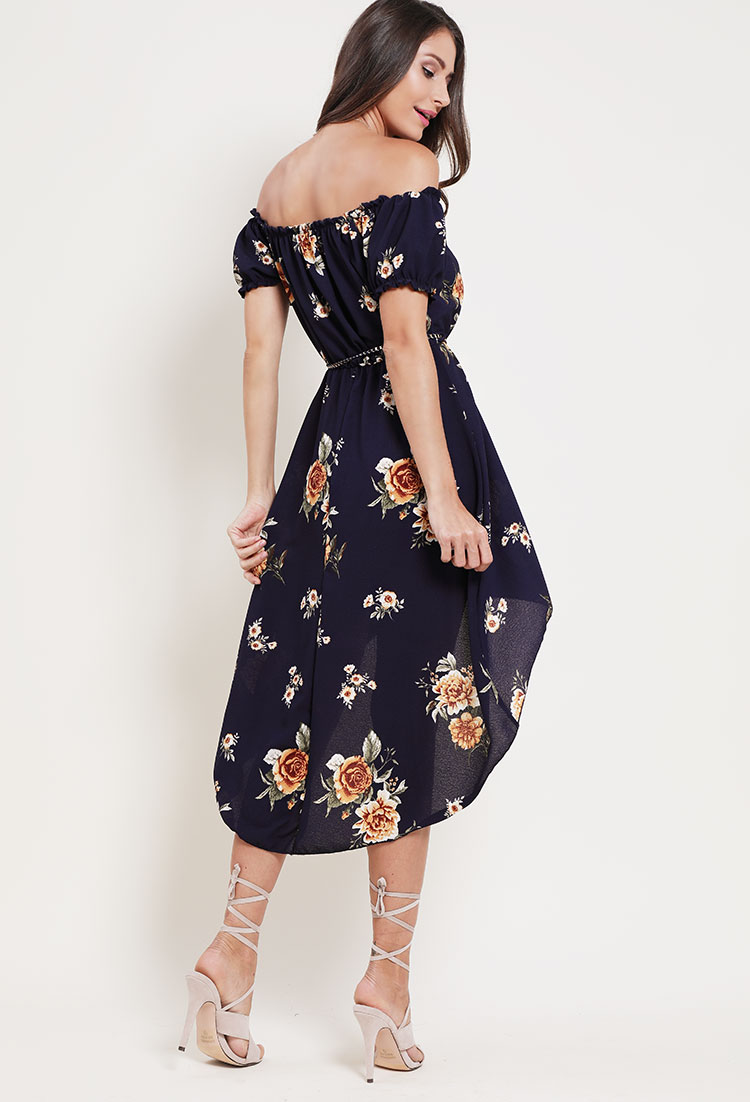Belted High-Low Floral Off-The-Shoulder Dress