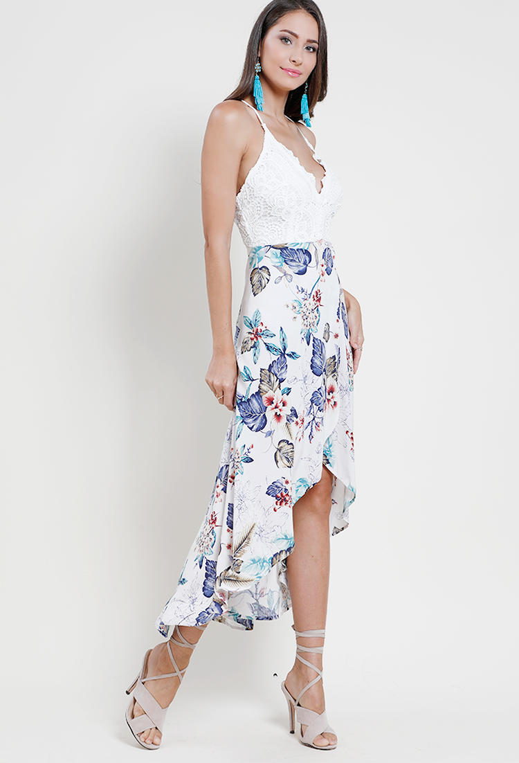 Tropical Floral High-Low Lace-Up Back Dress
