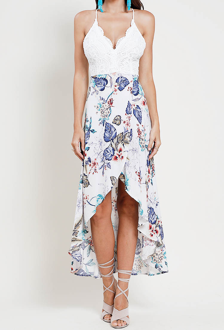 Tropical Floral High-Low Lace-Up Back Dress