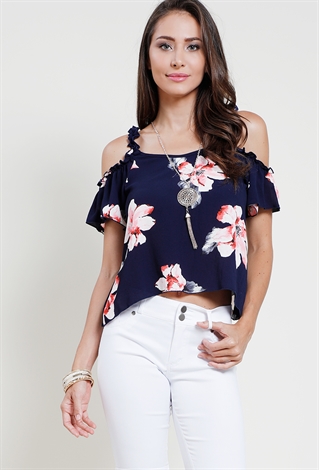 Ruffled Floral Print Open-Shoulder W/ Necklace