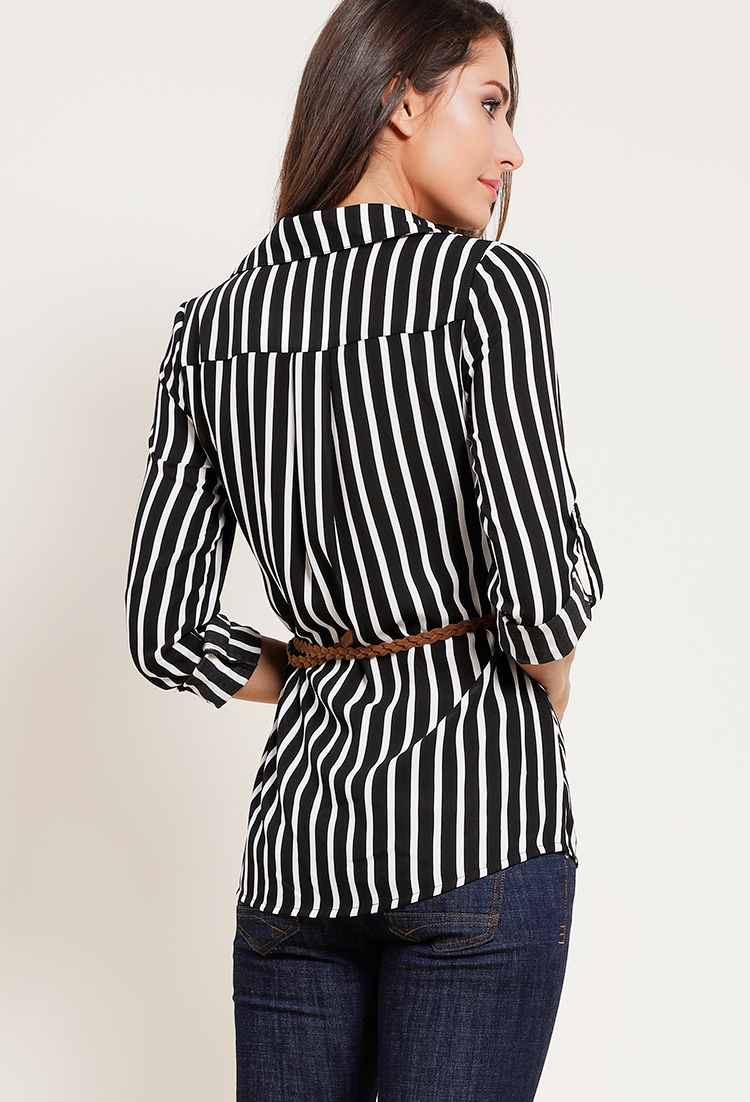 Belted Stripe Button-Up Blouse