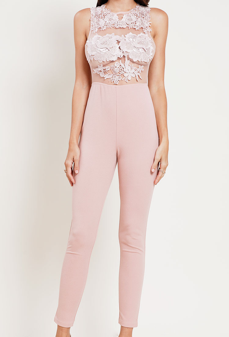 Embroidered Floral Mesh Jumpsuit