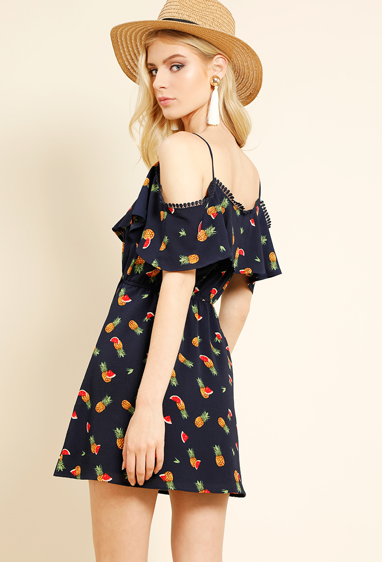 Fruit Print Open-Shoulder Flounce Dress