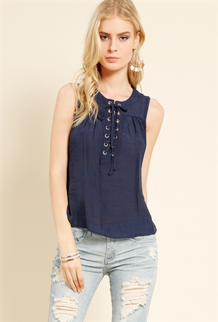 Crinkled Lace-Up Sleeveless Top