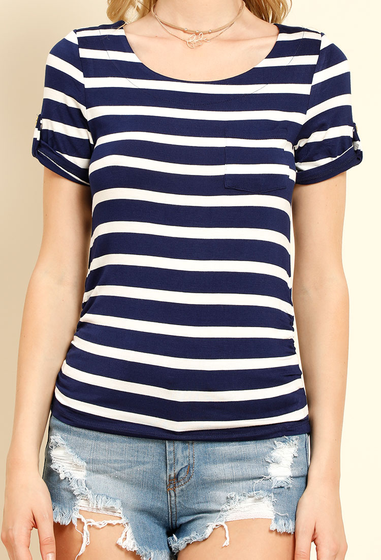 Ruched Stripe Button Detail Top