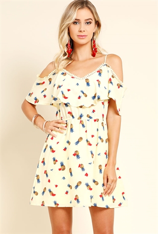 Fruit Print Open-Shoulder Flounce Dress