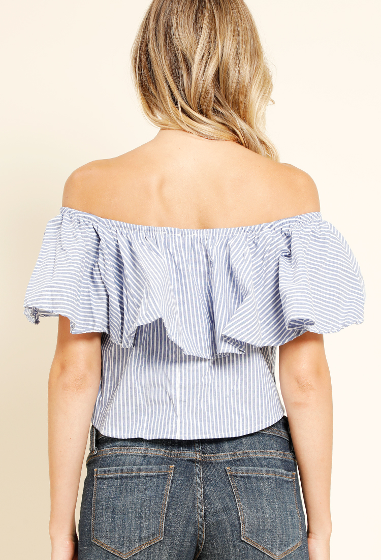 Pinstripe Off-The-Shoulder Flounce Top
