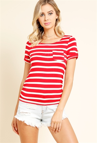 Ruched Stripe Button Detail Top