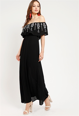 Embroidered Off-The-Shoulder Flounce Maxi Dress