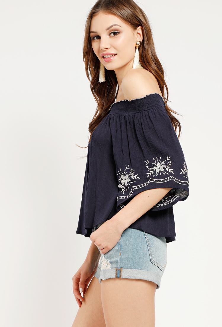 Smocked Bell-Sleeve Embroidered Off-The-Shoulder Top