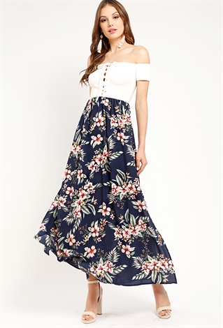 Tropical Off-The-Shoulder Lace-Up Maxi Dress