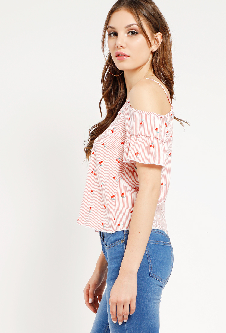 Striped Cherry Patterned Open-Shoulder Top