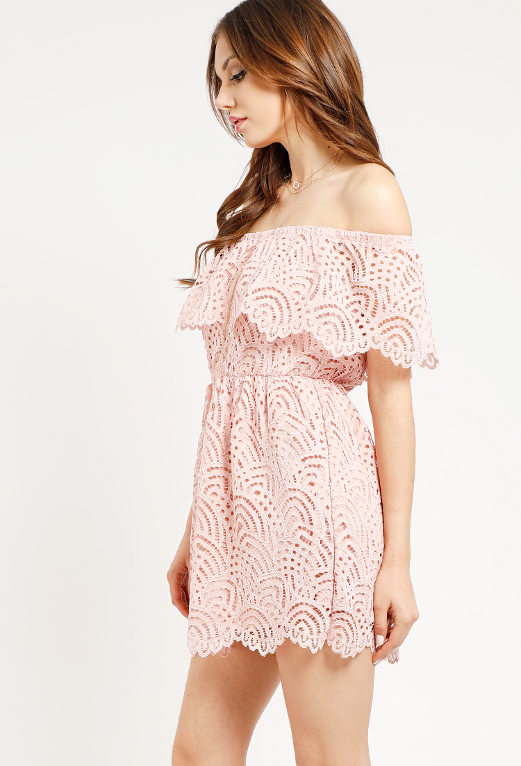Lace Overlay Off-The-Shoulder Flounce Dress
