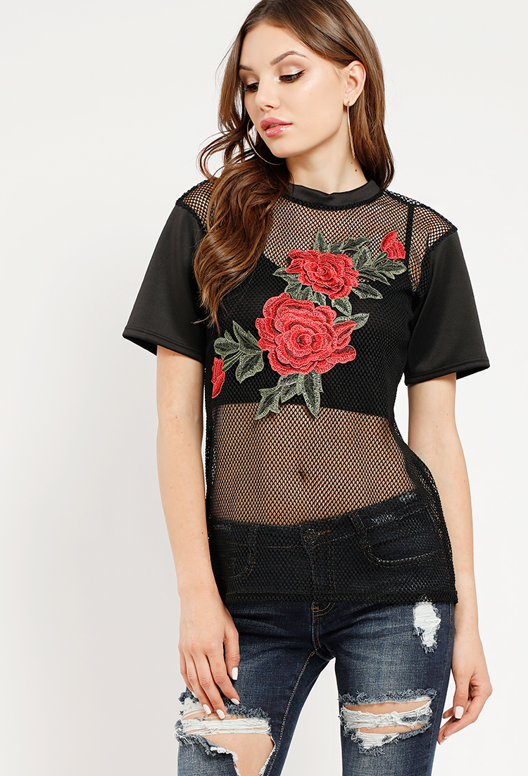 Layered Mesh Floral Applique Top