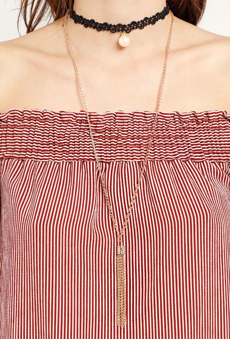 Pom Pom Smocked Stripe Off-The-Shoulder Top W/ Necklace