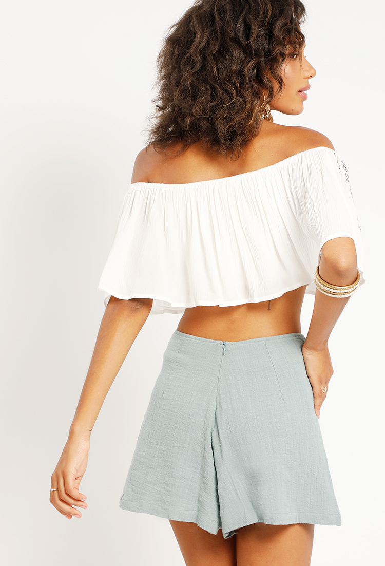 Off-The-Shoulder Crop Flounce Embroidered Top 