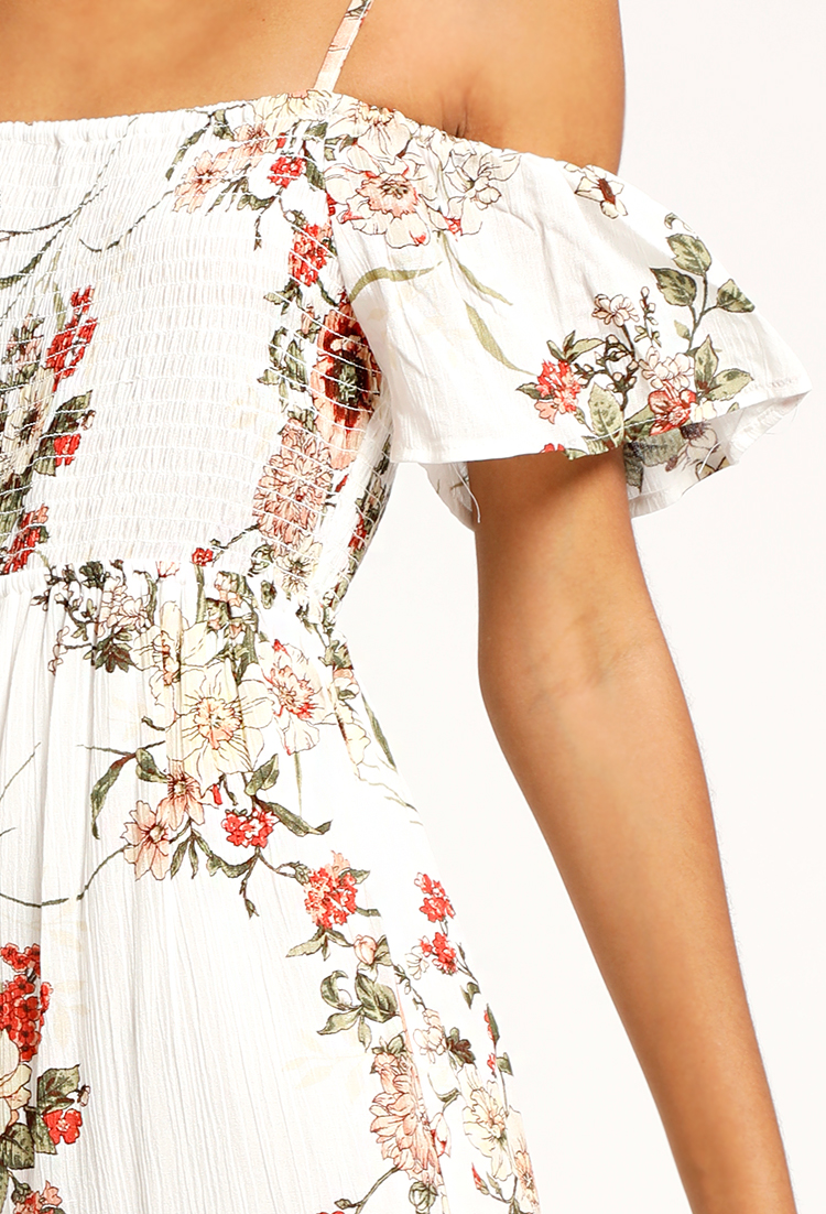 Smocked Floral Print Open-Shoulder Dress
