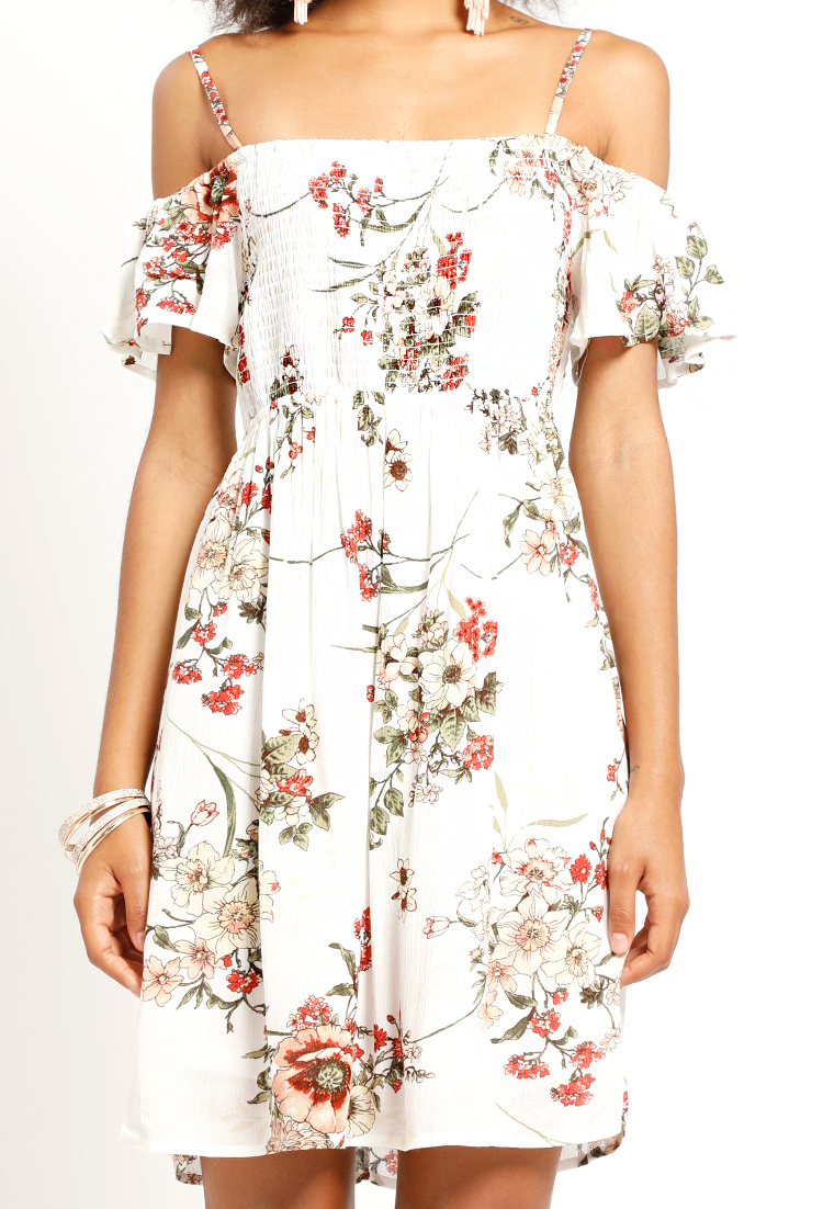 Smocked Floral Print Open-Shoulder Dress