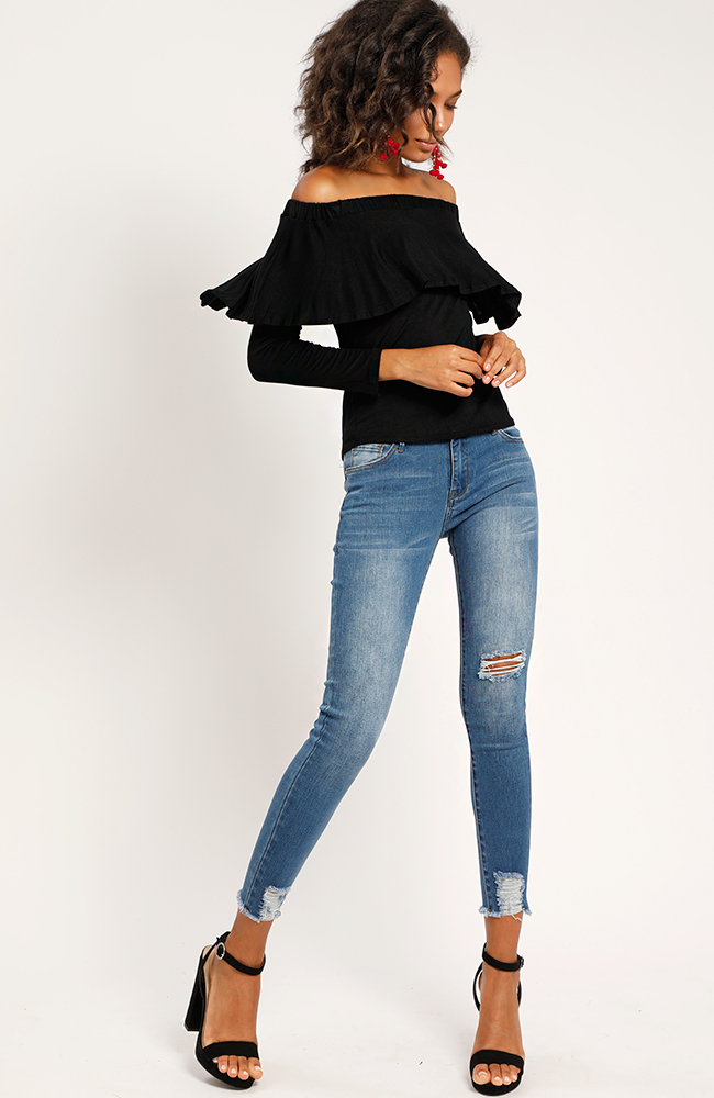Stretch-Knit Off-The-Shoulder Flounce Top