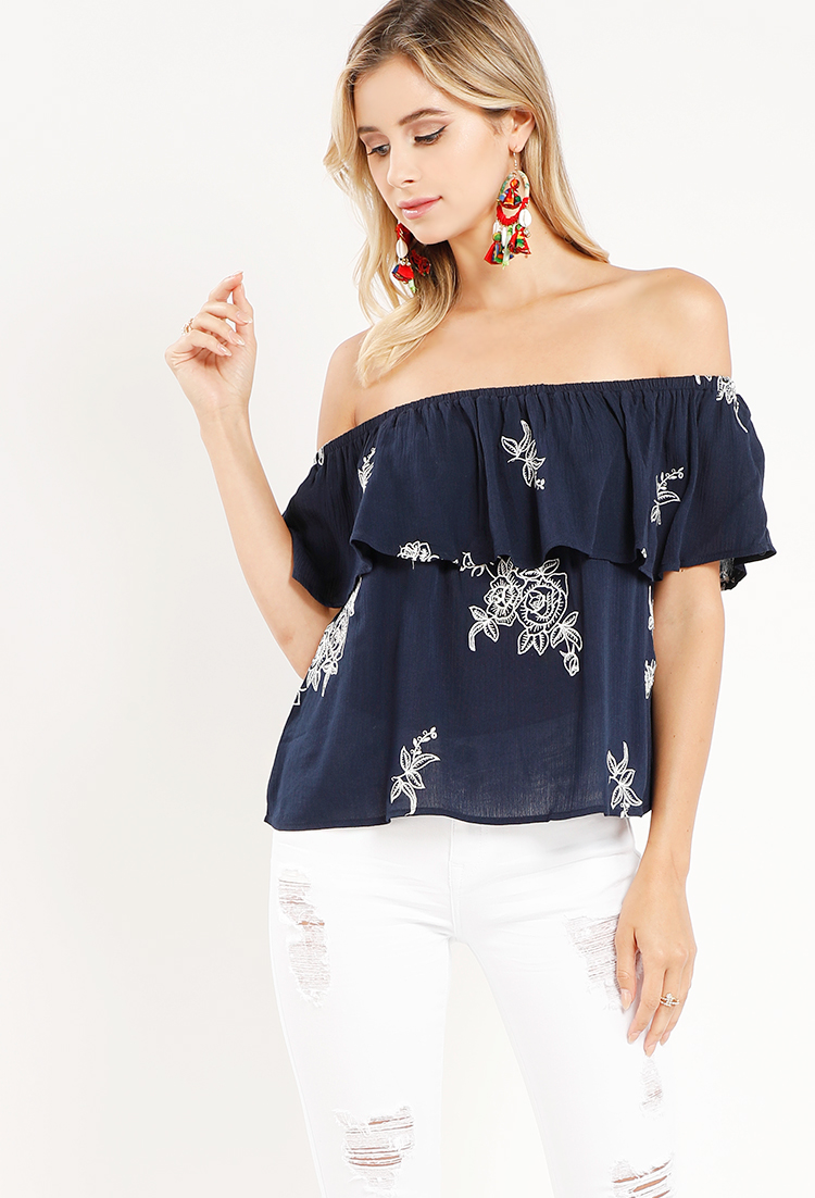 Floral Embroidered Off-The-Shoulder Flounce Top