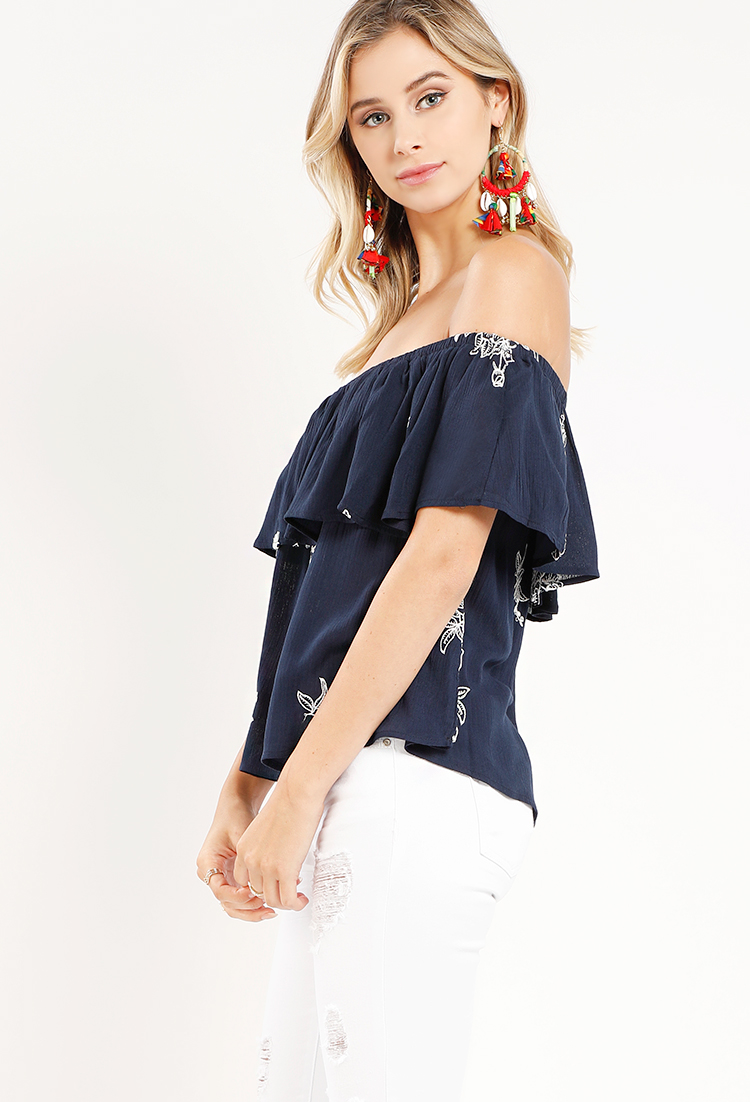 Floral Embroidered Off-The-Shoulder Flounce Top