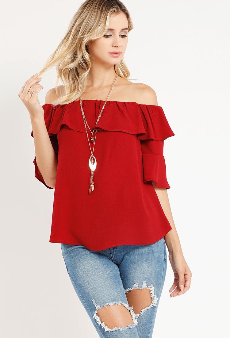 Bell-Sleeved Off-The-Shoulder Flounce Top W/ Necklace