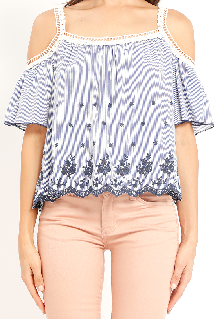 Cold Shoulder Crochet Accented Embroidery Top