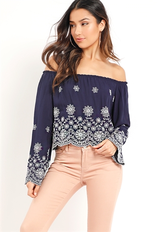 Off-The-Shoulder Embroidery Bell Sleeve Accented Top 