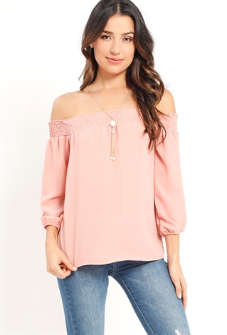 Off-The-Shoulder Crochet Accented Top With Necklace