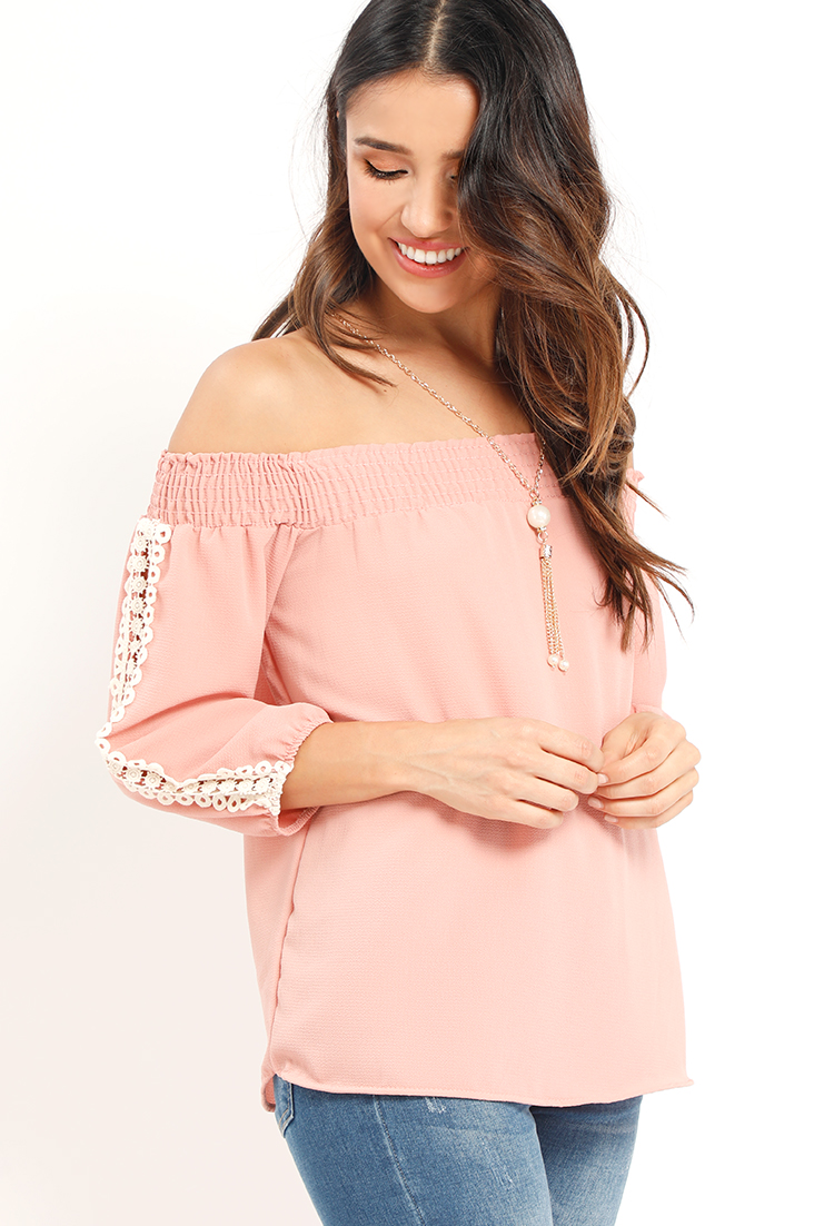 Off-The-Shoulder Crochet Accented Top With Necklace