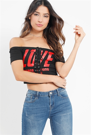 Love Graphic Lace-Up Crop Top 
