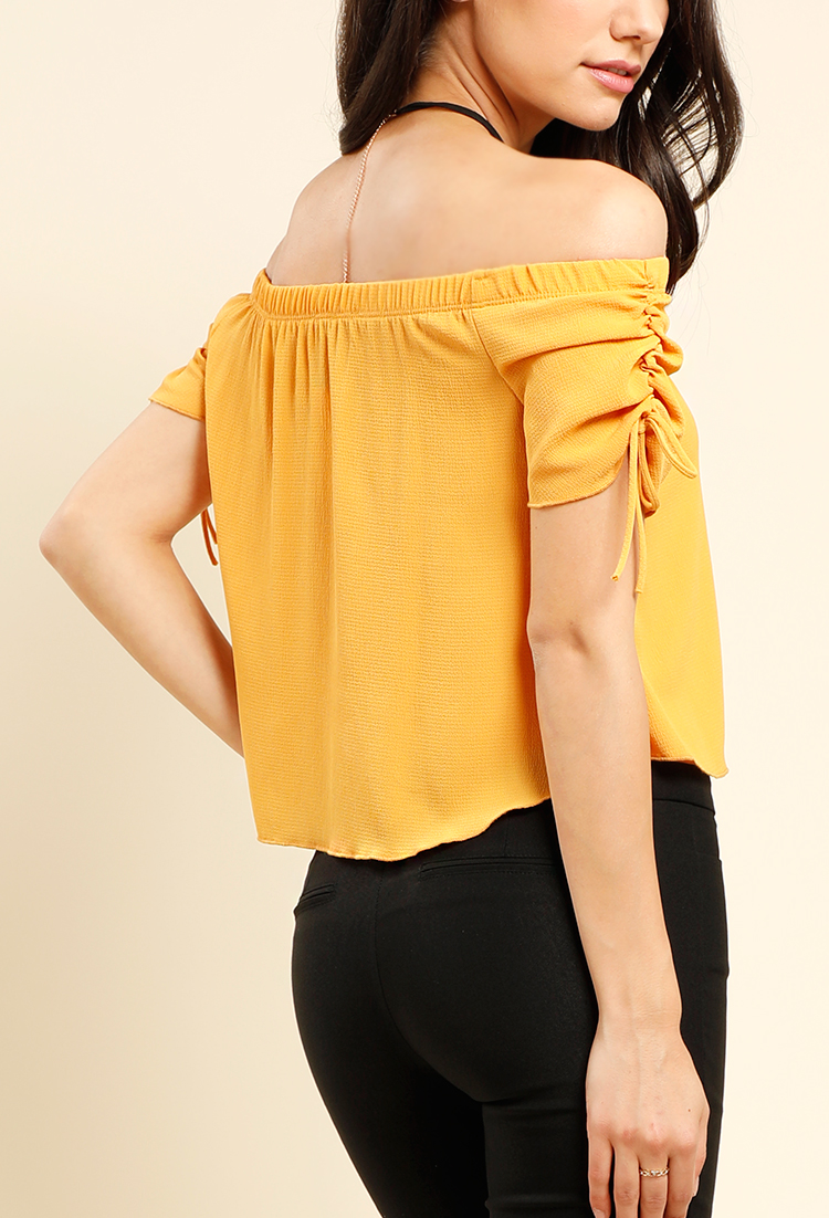 Off-The-Shoulder Tie Sleeve Accented Top With Necklace 