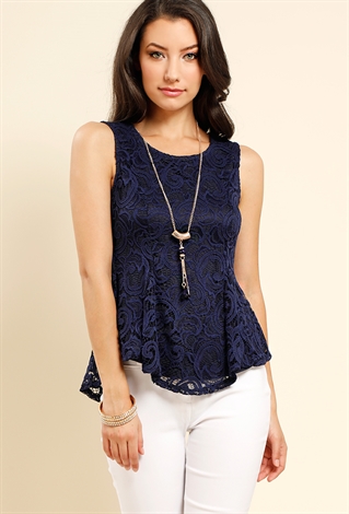 Lace Overlay Peplum Top W/ Necklace