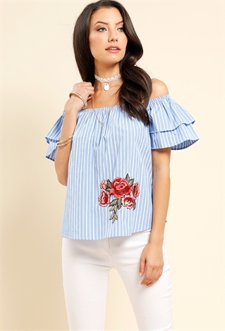 Off-The-Shoulder Striped Embroidery Accented Top With Necklace