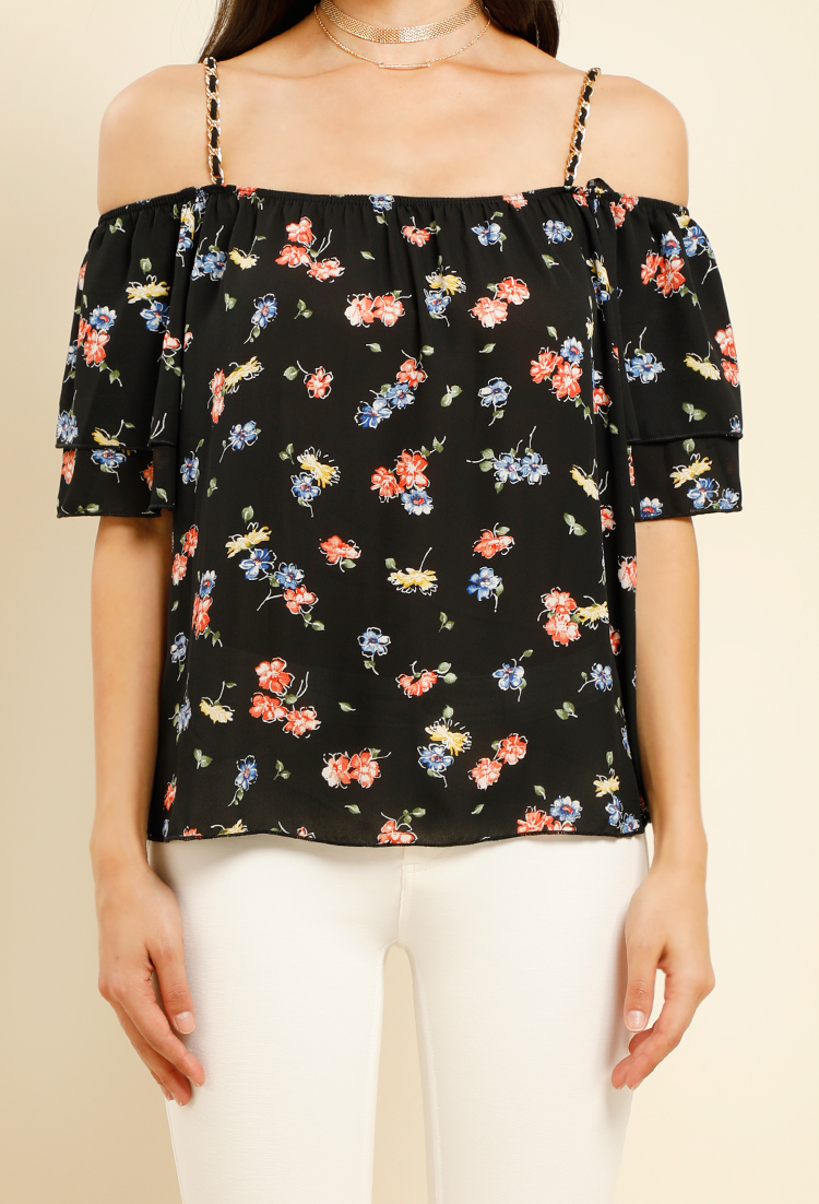 Chiffon Floral Print Cold Shoulder Blouse With Chain Accent 
