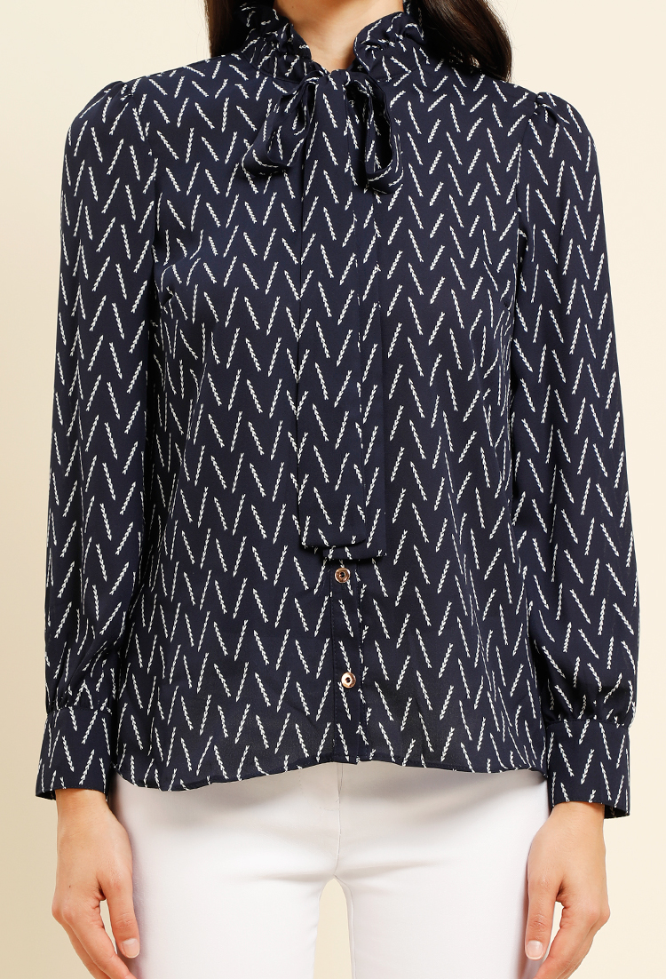 Ruffled Abstract Arrow Print Tie-Front Blouse