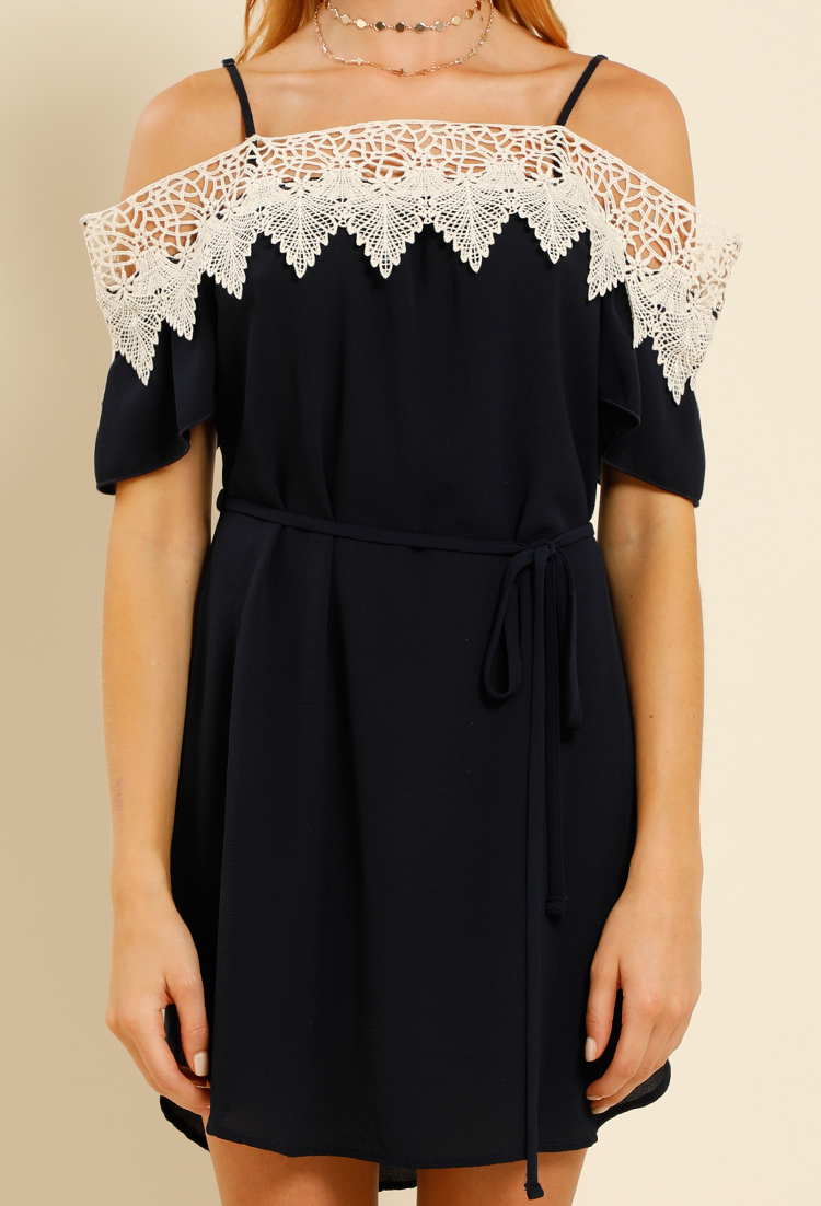 Belted Crochet-Trimmed Mini Dress