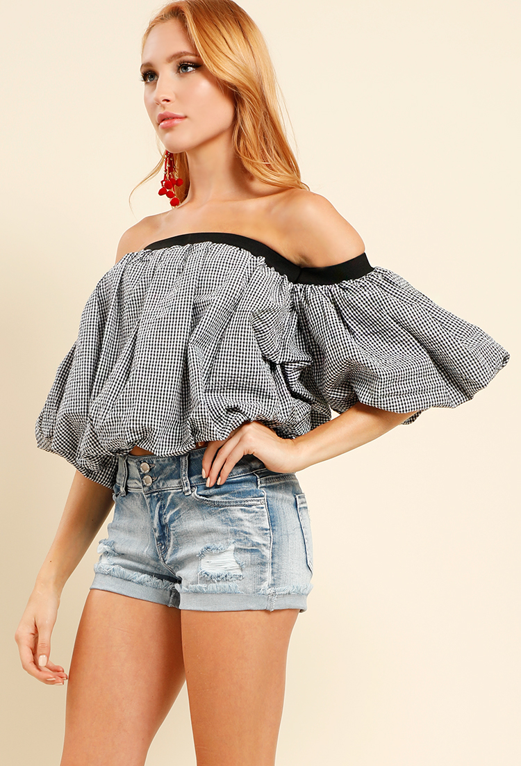 Puffy Gingham Off-The-Shoulder Top