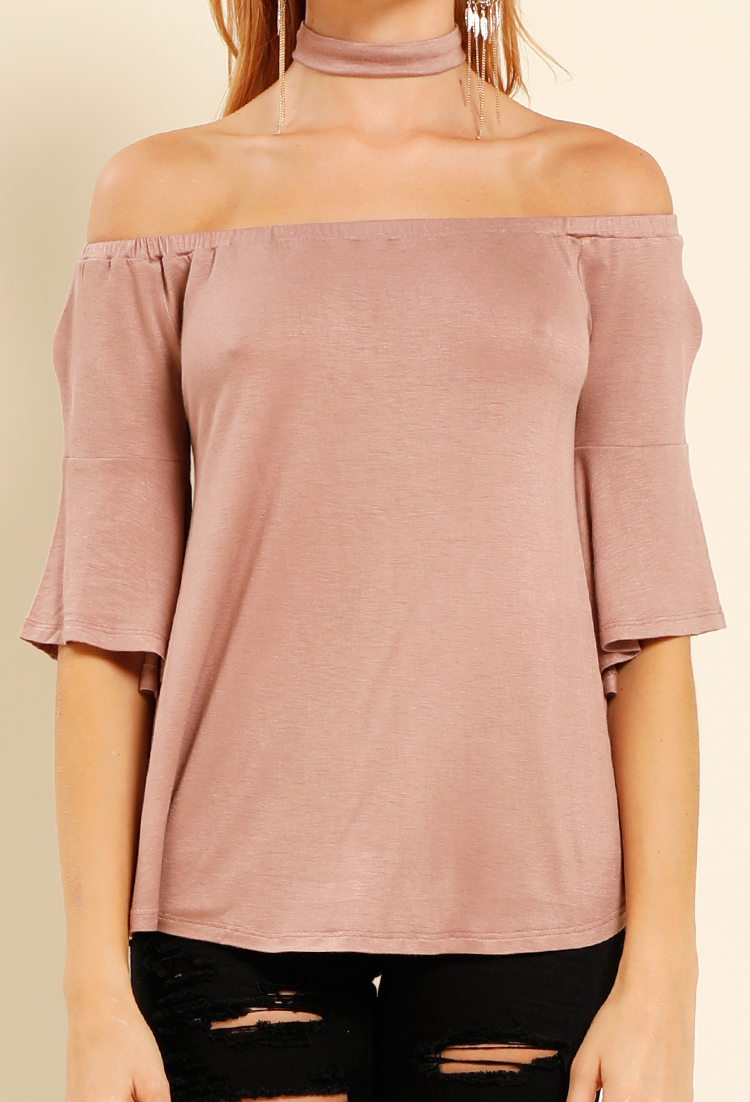 Bell-Sleeved Off-The-Shoulder Top W/ Choker
