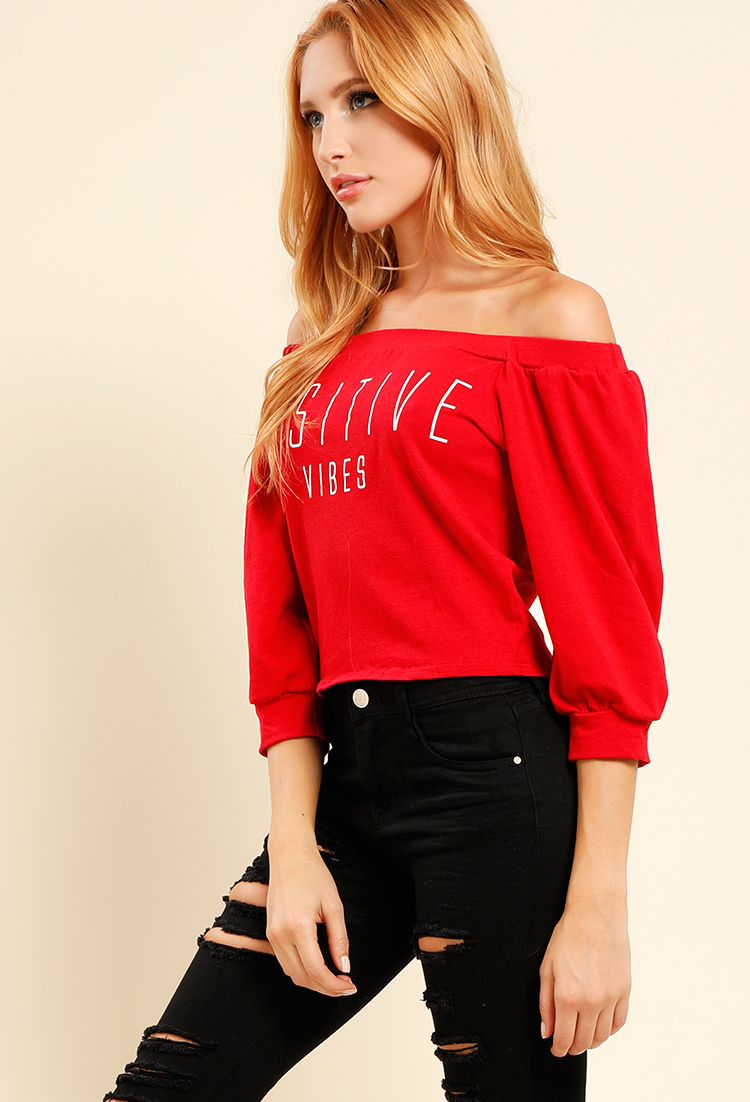 Positive Vibes Graphic Off-The-Shoulder Top