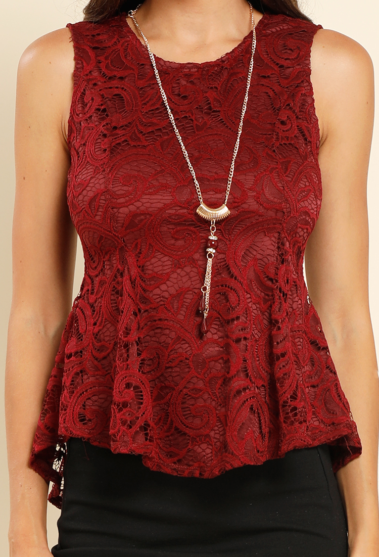 Lace Overlay Peplum Top W/ Necklace