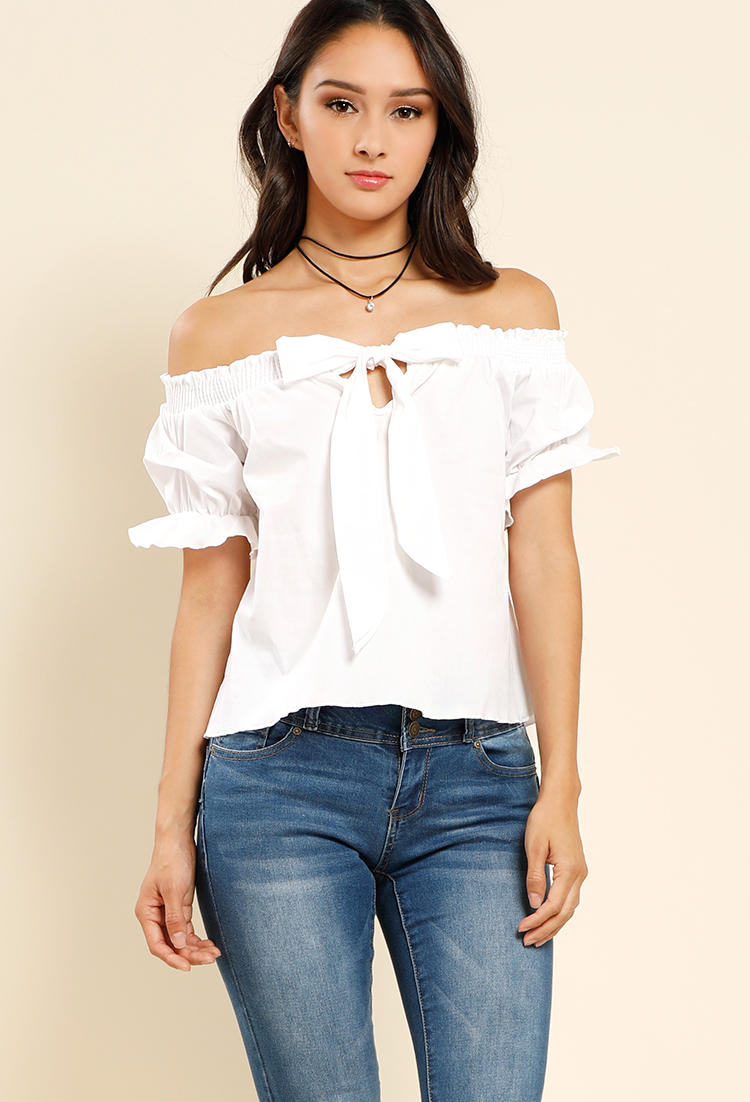 Off-The-Shoulder Self Tie Front Top W/ Necklace