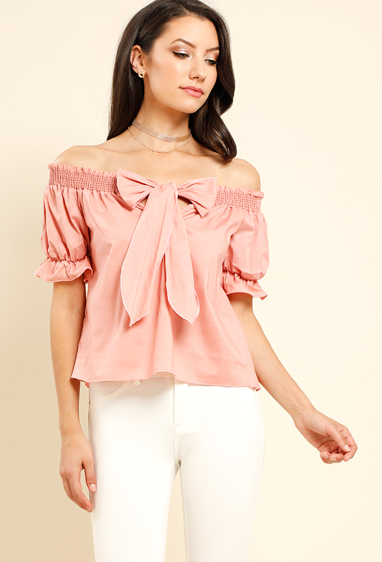 Off-The-Shoulder Self Tie Front Top With Ruffle Sleeve Accent