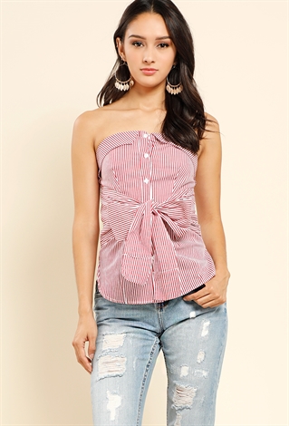 Striped Self-Tie Button-Up Tube Top