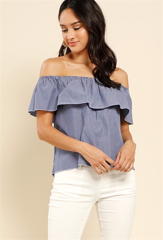 Pinstriped Off-The-Shoulder Flounce Top
