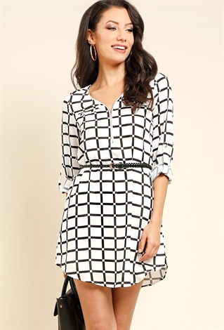 Belted Checkered Zipper Dress