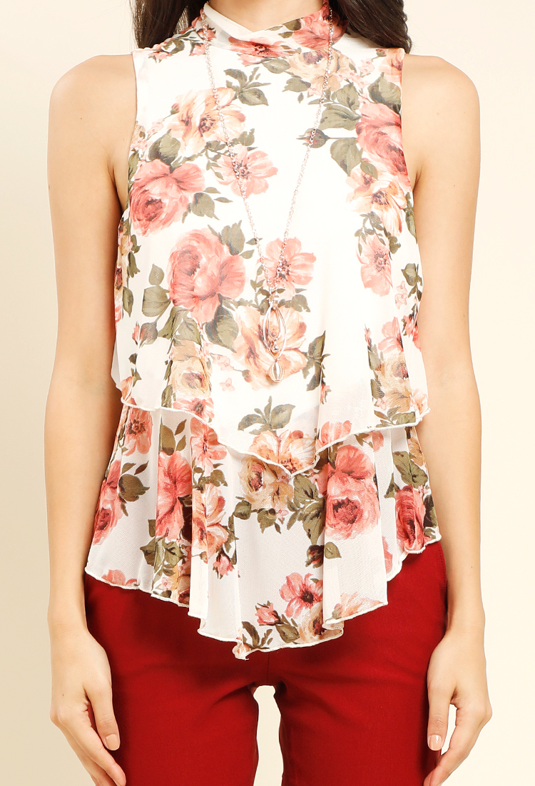 Sleeveless Floral Printed Mesh W/Necklace